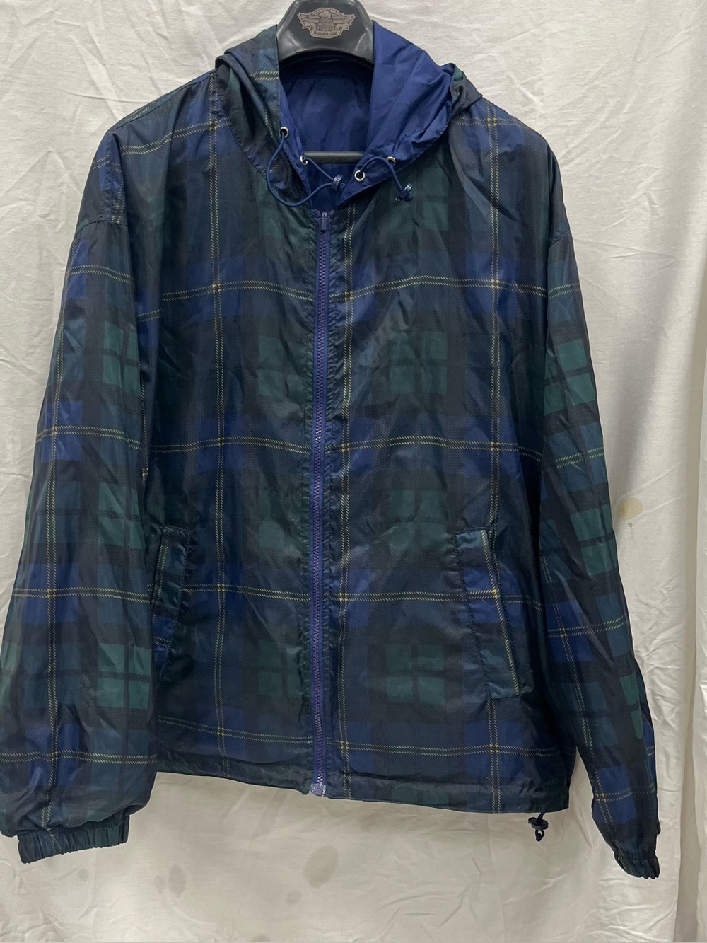 Men's Blue Plaid Hooded Reversible Windbreaker Jacket by Woodlake Sport